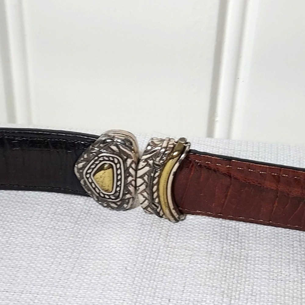Brighton Belt Womens 34 Black Brown Reversible Croc Embossed Silver Gold Buckle
